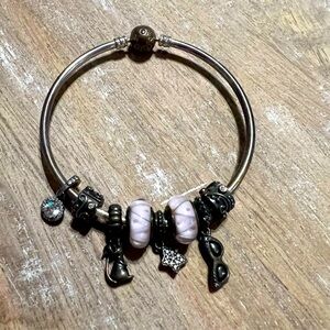 Silver Pandora 7.8” bangle bracelet with glass beads, clips, and dangles